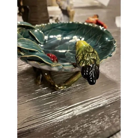 Majolica Pottery Footed Green Cabbage Leaf Bowl w/ Bird & Cherries EUC